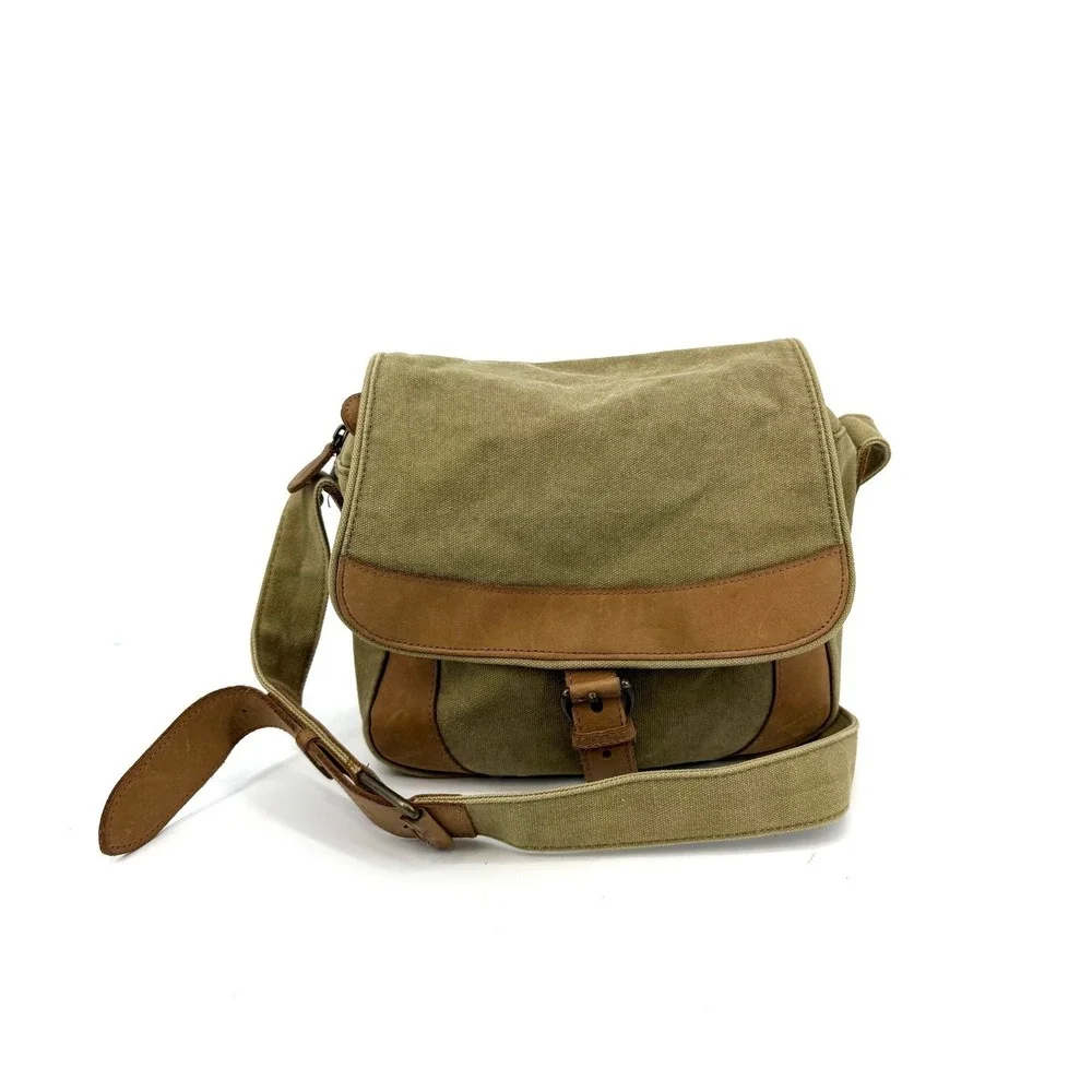 LL Bean Canvas Messenger Bag Olive Green Leather Trim Crossbody Field Bag Vtg